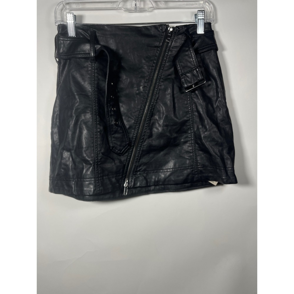 Free People Vegan Leather Moto Mini Skirt Belted‎ Black Size 2 Asymmetrical Zip